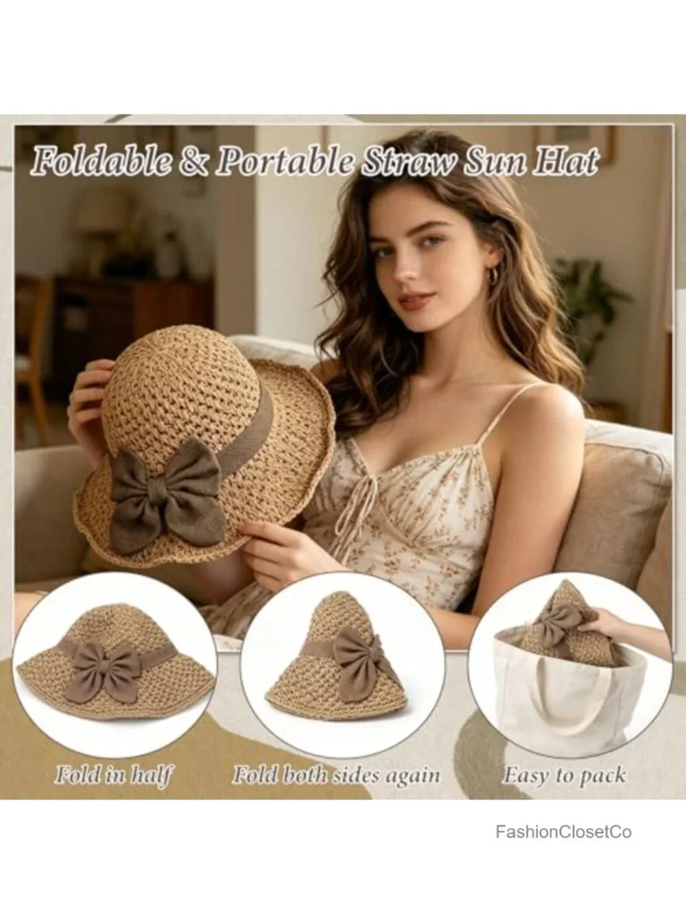 Handcrafted Woven Straw Sun Hat with Ruffled Bow - Foldable Travel Bucket Hat